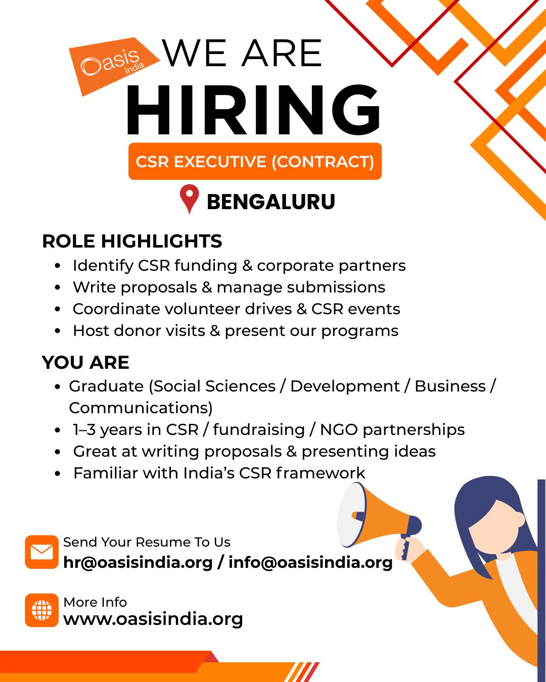Hiring CSR Executive (Contract) Oasis India